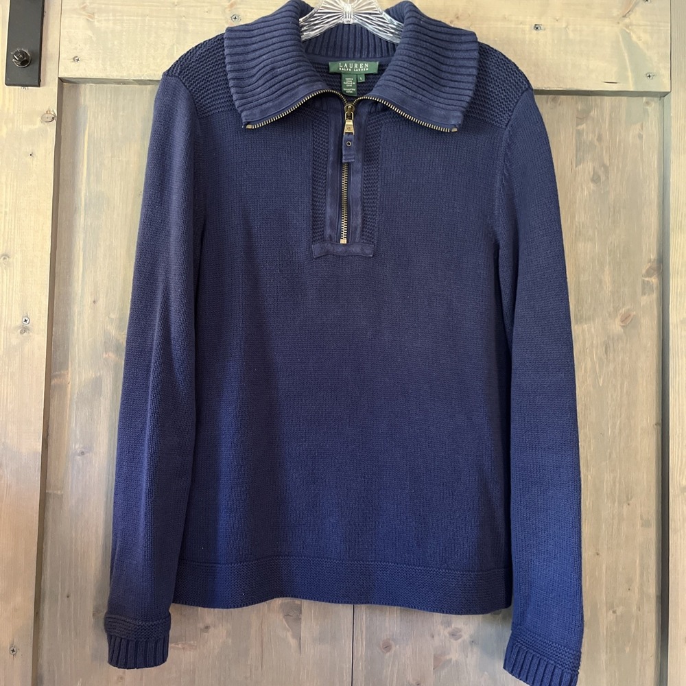 Lauren Ralph Lauren Womens Lg Navy 1/4 Zip Sweater Cotton Knit Pullover Preppy